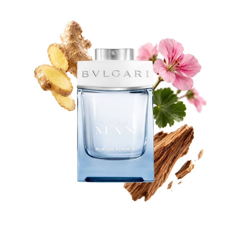 Bvlgari Man Glacial Essence by Bvlgari, bottle pictured with its key notes: Ginger, Geranium and Sandalwood