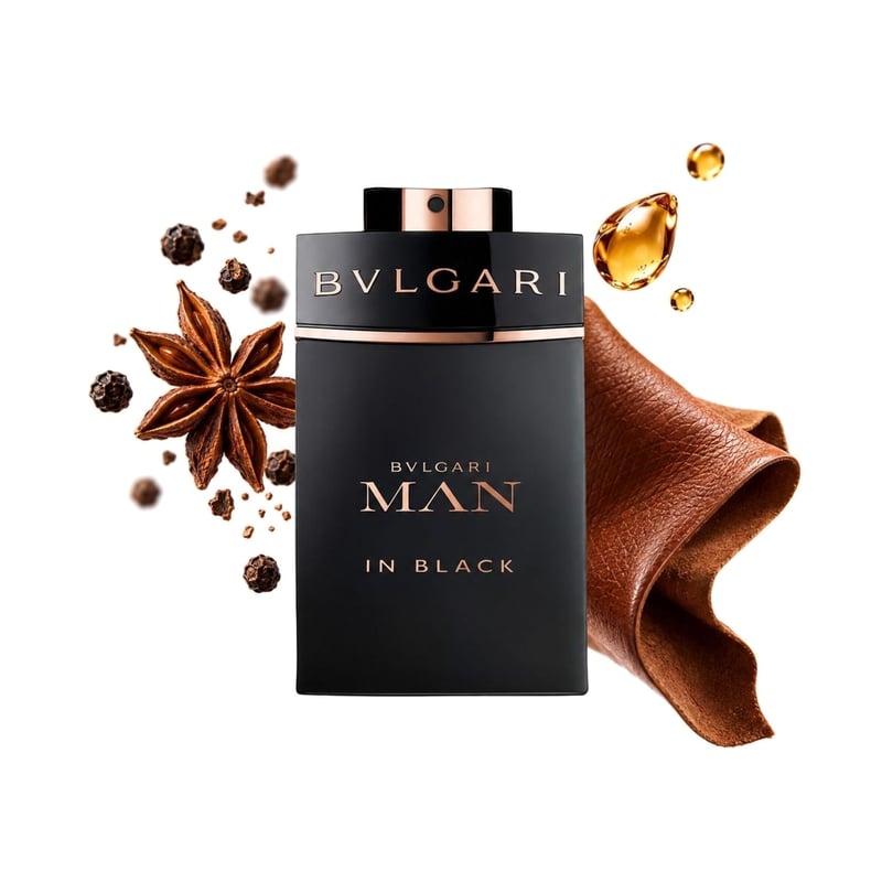 Bvlgari Man In Black von Bvlgari, Flakon mit seinen Hauptnoten: Gewürze, Rum und Leder