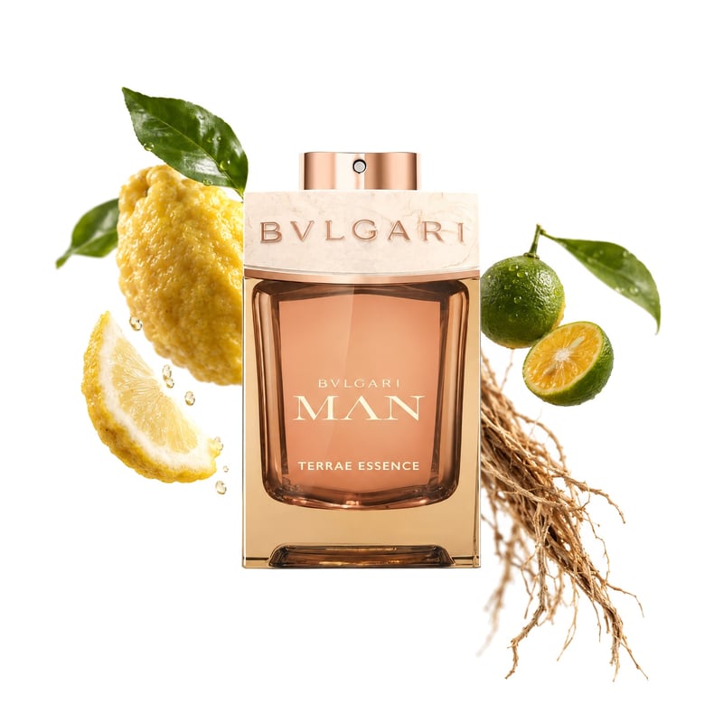 Bvlgari Man Terrae Essence von Bvlgari, Flakon mit seinen Hauptnoten: Zitronatzitrone, Calamansi und Vetiver