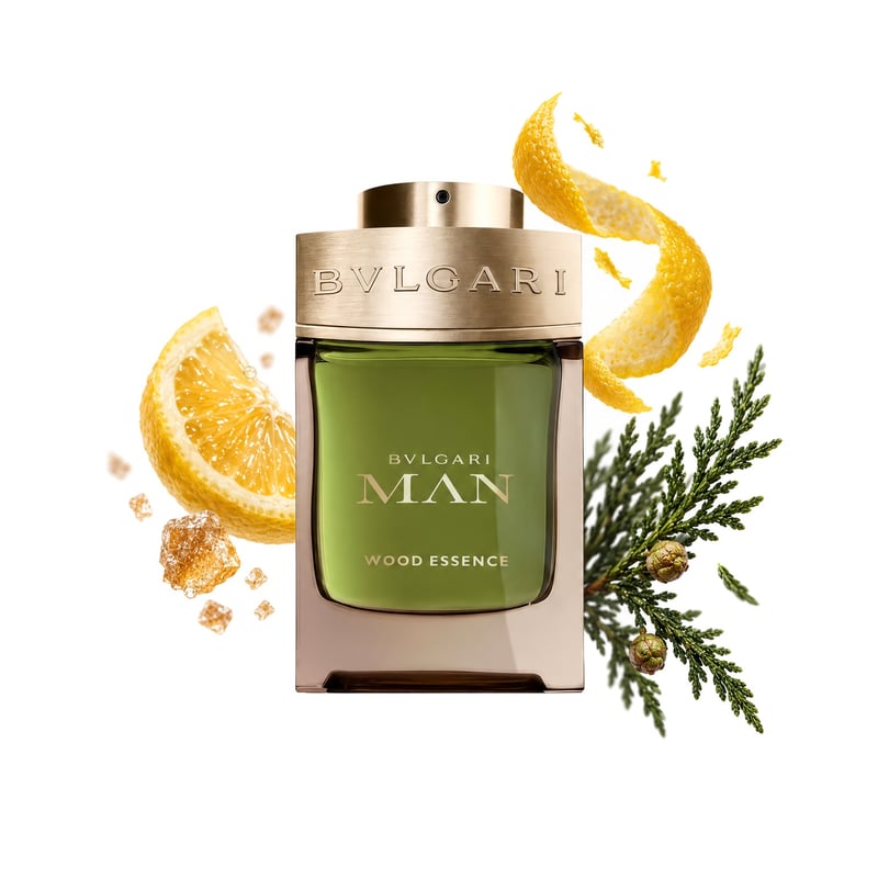 Bvlgari Man Wood Essence by Bvlgari, bottle pictured with its key notes: Citruses With Sugar, Lemon Zest and Cypress