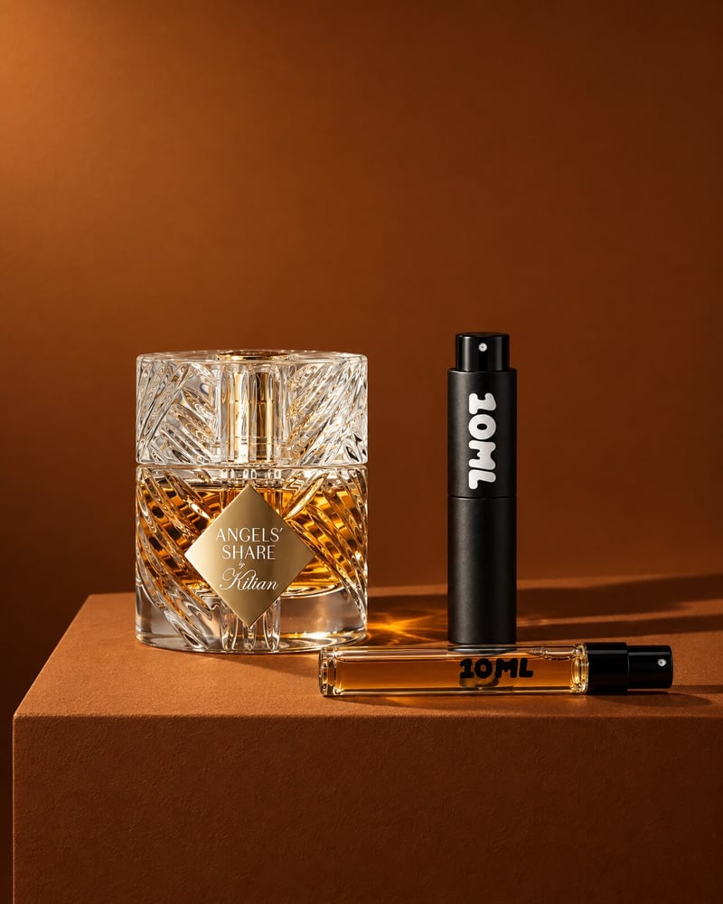 By Kilian Angels' Share with a 10ML travel atomiser and a 10ML refill vial on a brown plinth