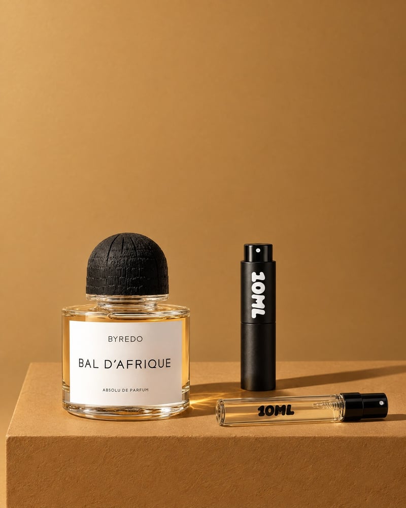 Byredo Bal d'Afrique Absolu with a 10ML travel atomiser and a 10ML refill vial on a gold plinth