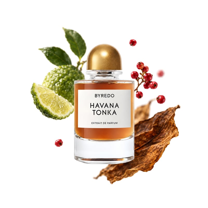 Havana Tonka by Byredo, bottle pictured with its key notes: Bergamot, Pink Pepper and Tobacco Leaf