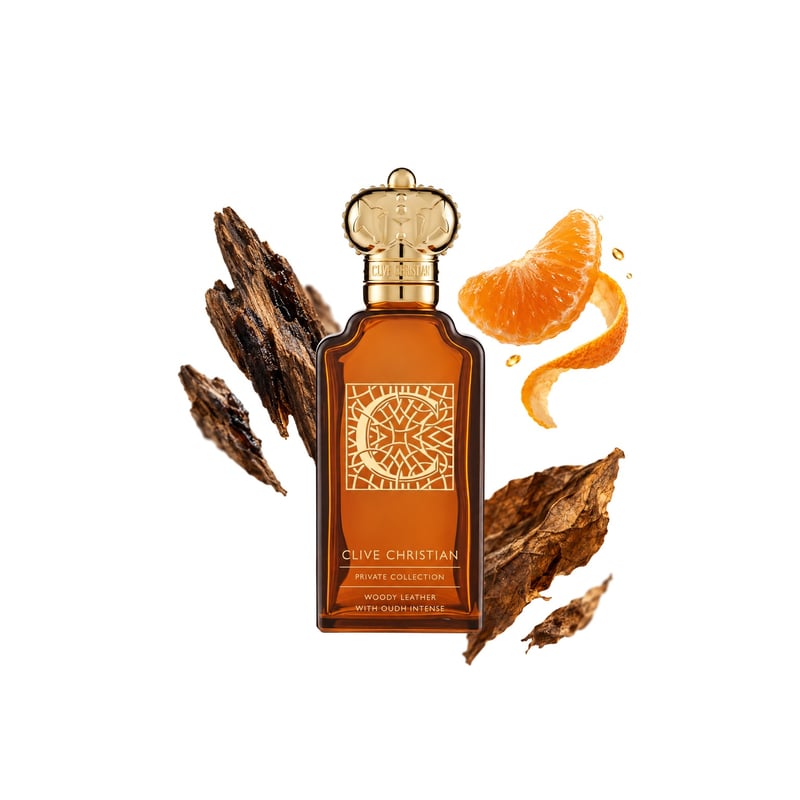 C Woody Leather by Clive Christian, bottle pictured with its key notes: Agarwood, Mandarin and Tobacco