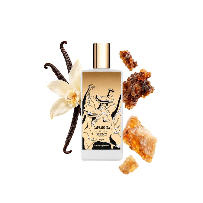 Cappadocia by Memo Paris, bottle pictured with its key notes: Vanilla, Myrrh and Benzoin