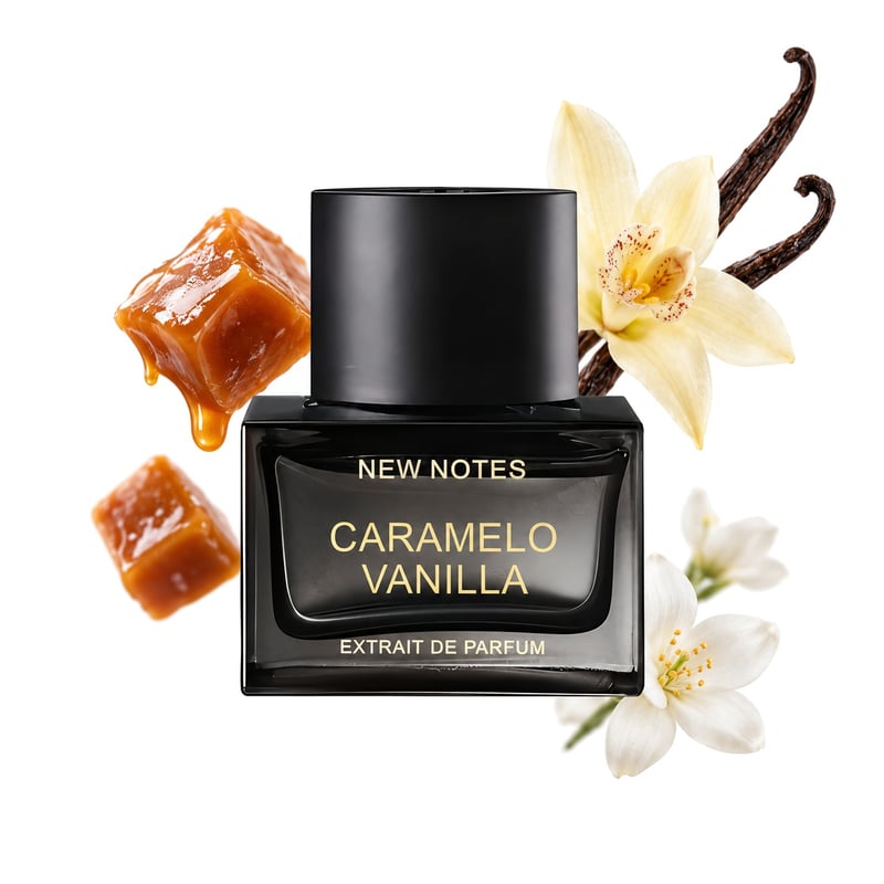 Caramelo Vanilla του οίκου New Notes, φιάλη με τις κύριες νότες της: Καραμέλα, Άνθος βανίλιας και Λευκά λουλούδια