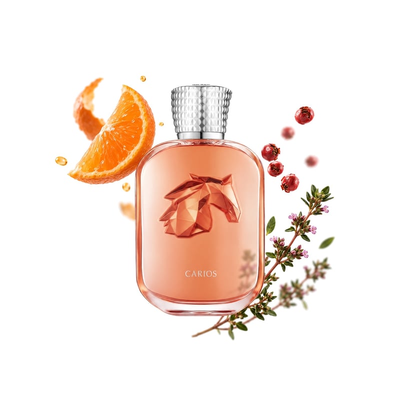 Carios by Parfums de Marly, bottle pictured with its key notes: Mandarin Orange, Pink Pepper and Red Thyme