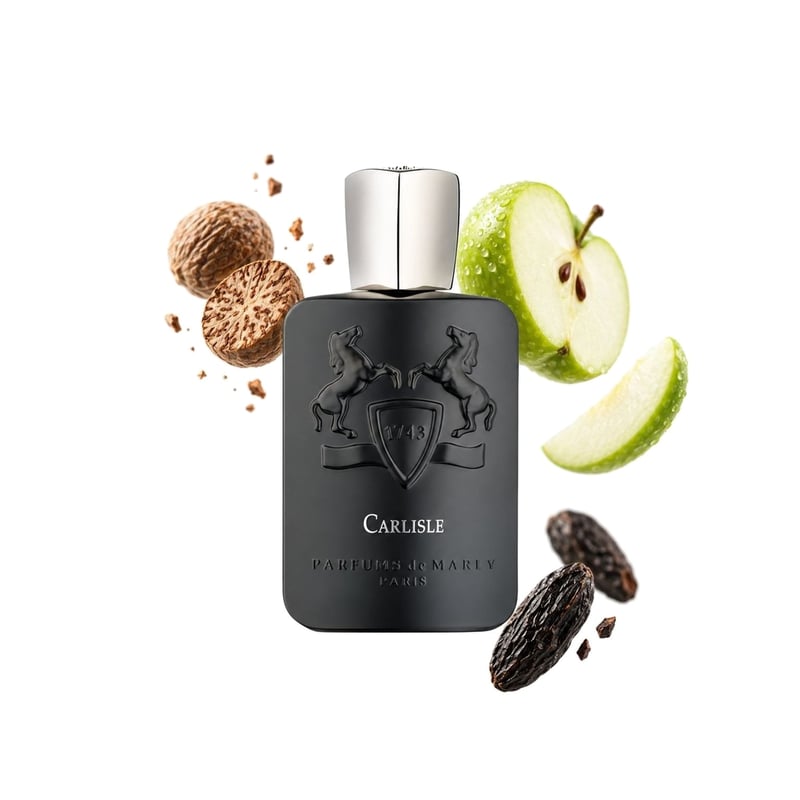 Carlisle by Parfums de Marly, bottle pictured with its key notes: Nutmeg, Green Apple and Tonka Bean