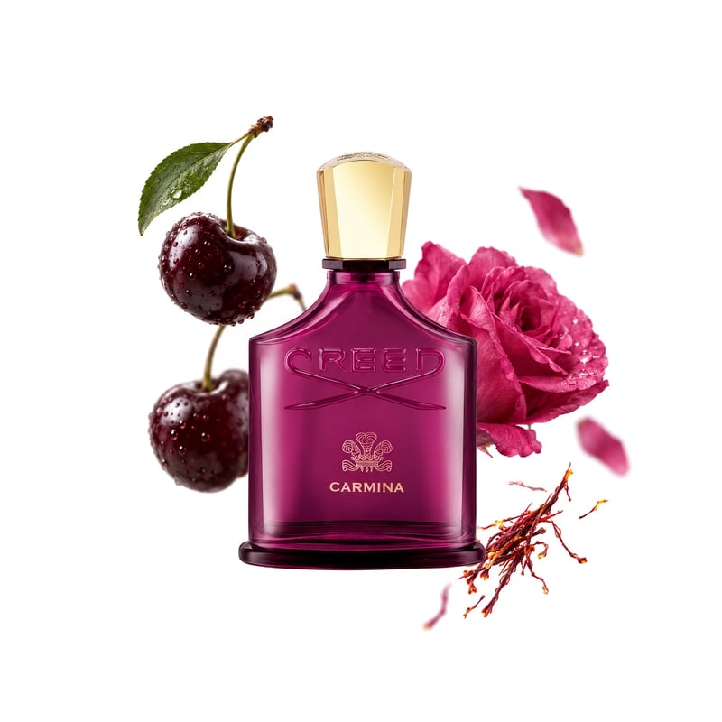 Carmina by Creed, bottle pictured with its key notes: Black Cherry, Saffron and May Rose