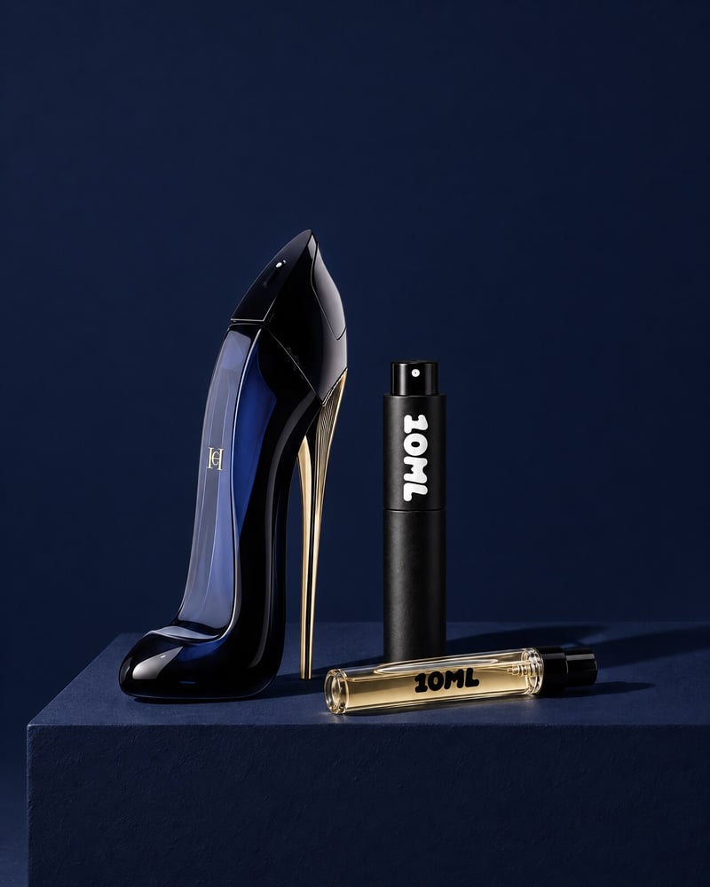 Carolina Herrera Good Girl with a 10ML travel atomiser and a 10ML refill vial on a blue plinth