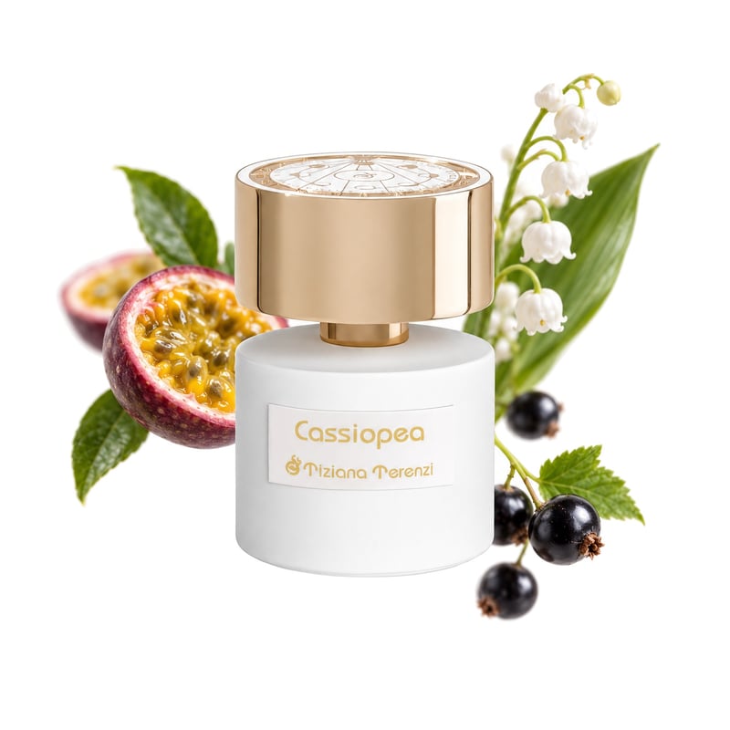 Cassiopea by Tiziana Terenzi, bottle pictured with its key notes: Passionfruit, Cassis and Lily-of-the-valley