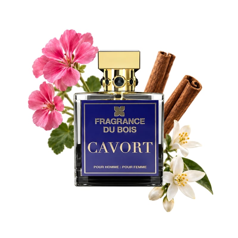 Cavort by Fragrance Du Bois, bottle pictured with its key notes: Geranium, Cinnamon and Orange Blossom