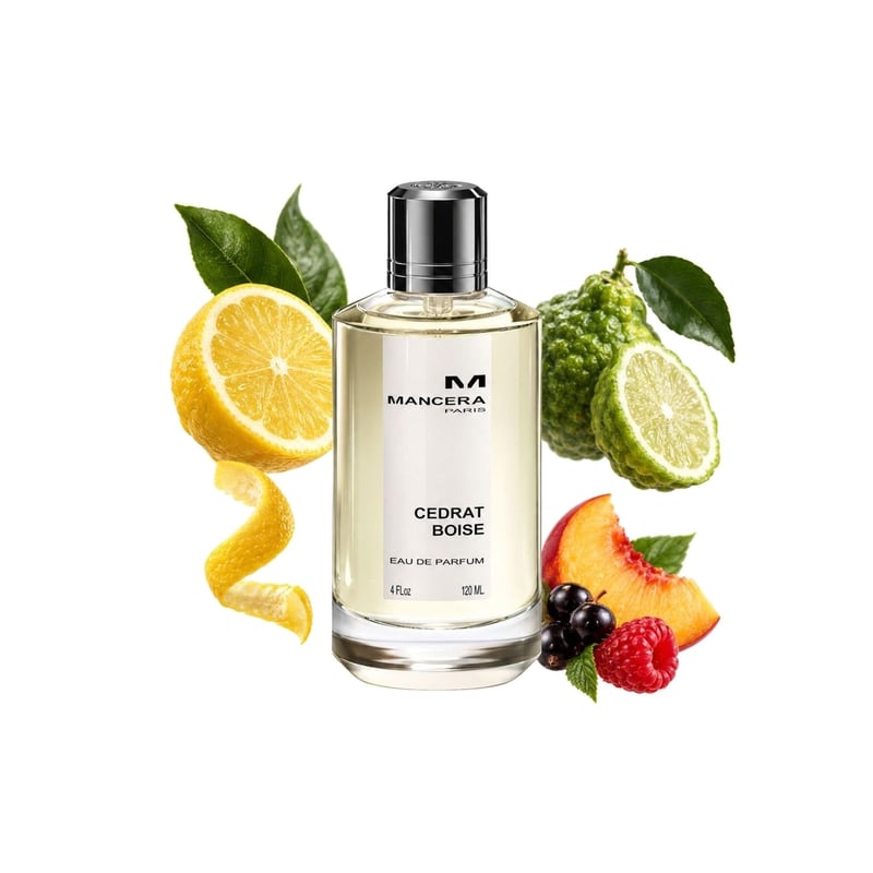 Cedrat Boise by Mancera, bottle pictured with its key notes: Sicilian Lemon, Bergamot and Fruity Notes