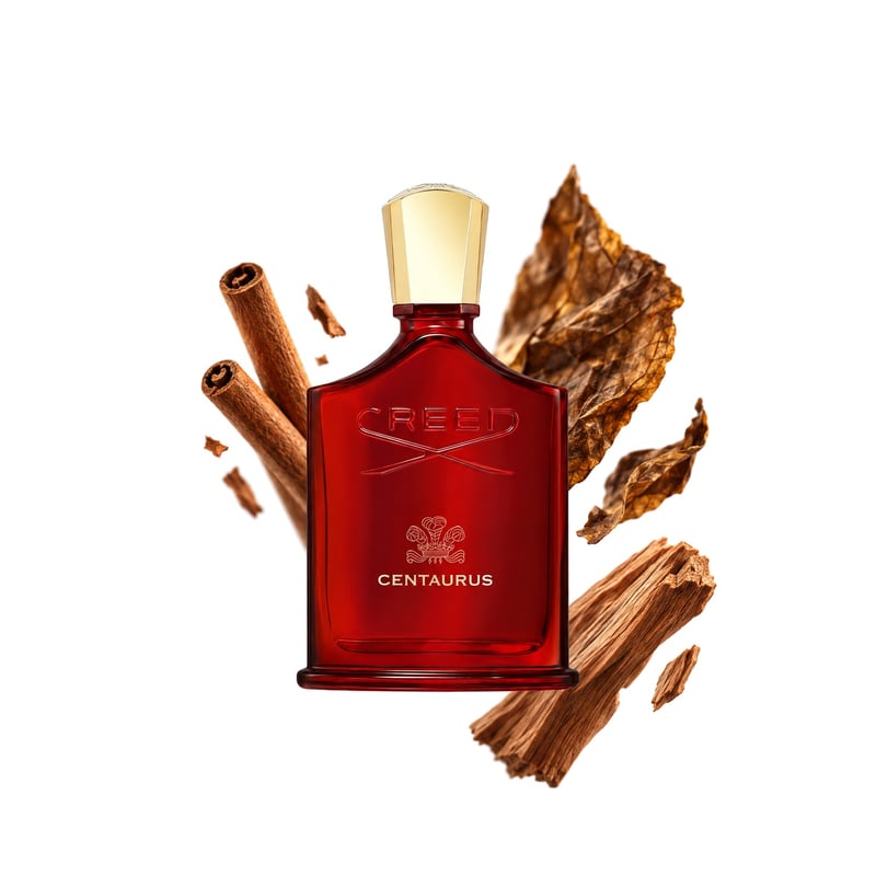 Centaurus by Creed, bottle pictured with its key notes: Cinnamon, Tobacco and Sandalwood