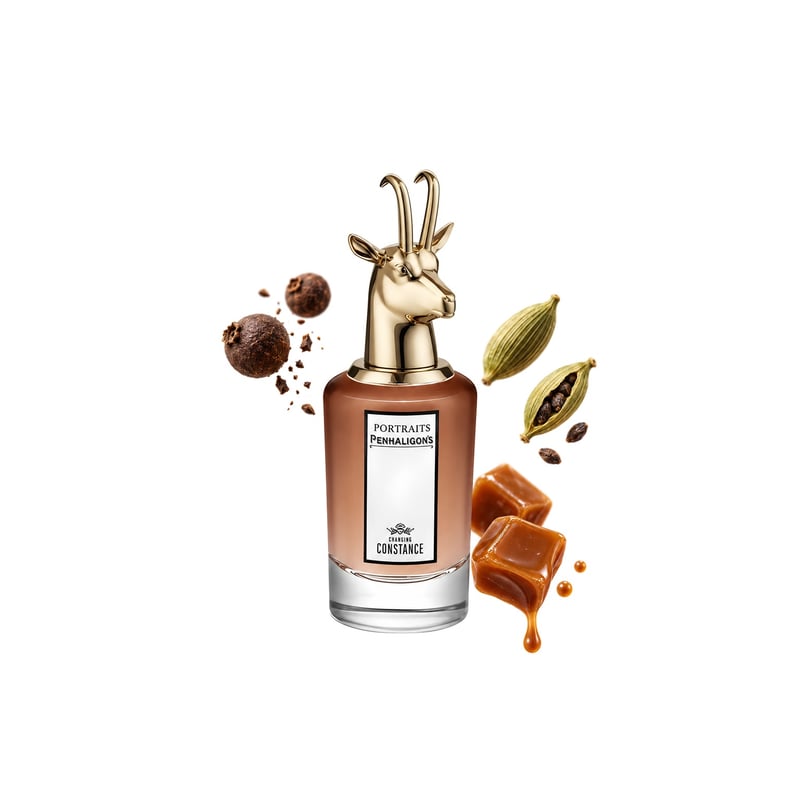 Changing Constance Intense by Penhaligon's, bottle pictured with its key notes: Pimento, Cardamom and Caramel