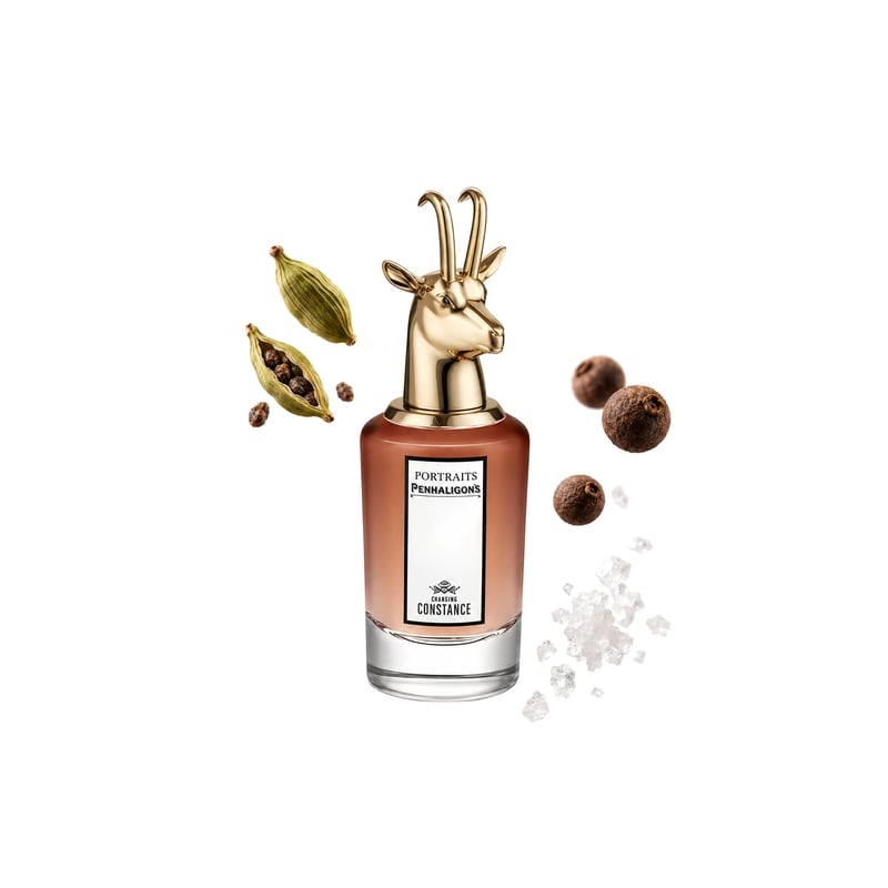 Changing Constance by Penhaligon's, bottle pictured with its key notes: Cardamom, Pimento and Salt