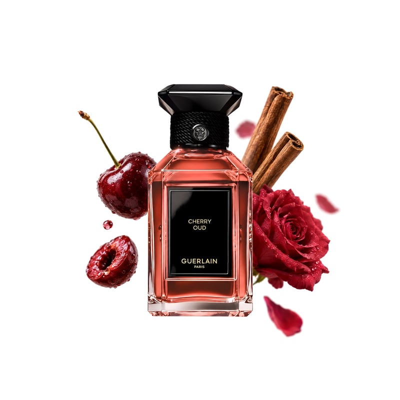 Cherry Oud by Guerlain, bottle pictured with its key notes: Cherry, Cinnamon and Turkish Rose