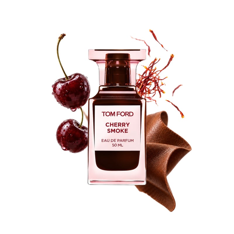 Cherry Smoke by Tom Ford, bottle pictured with its key notes: Sour Cherry, Saffron and Leather