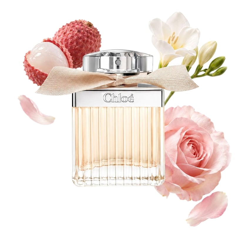 Chloé Eau de Parfum by Chloé, bottle pictured with its key notes: Litchi, Freesia and Rose