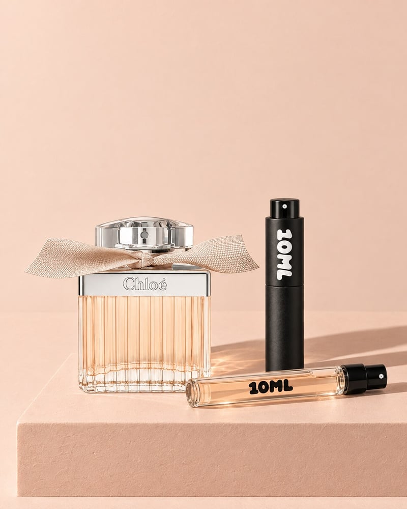 Chloé Eau de Parfum with a 10ML travel atomiser and a 10ML refill vial on a beige plinth