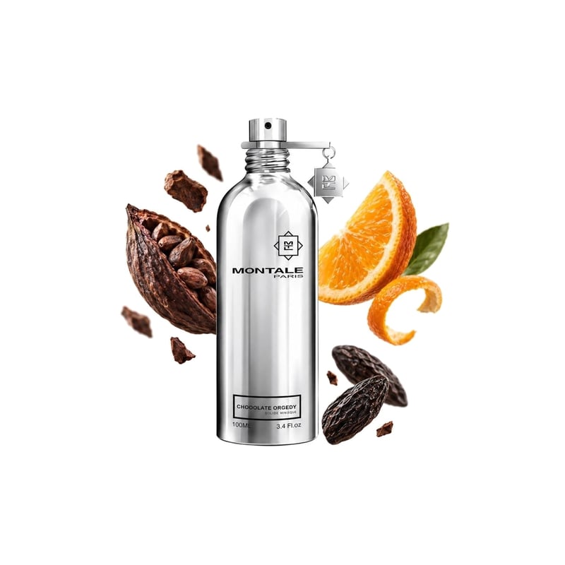 Chocolate Greedy by Montale, bottle pictured with its key notes: Cacao, Bitter Orange and Tonka Bean