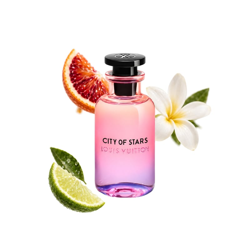 City of Stars by Louis Vuitton, bottle pictured with its key notes: Lime, Blood Orange and Tiare Flower