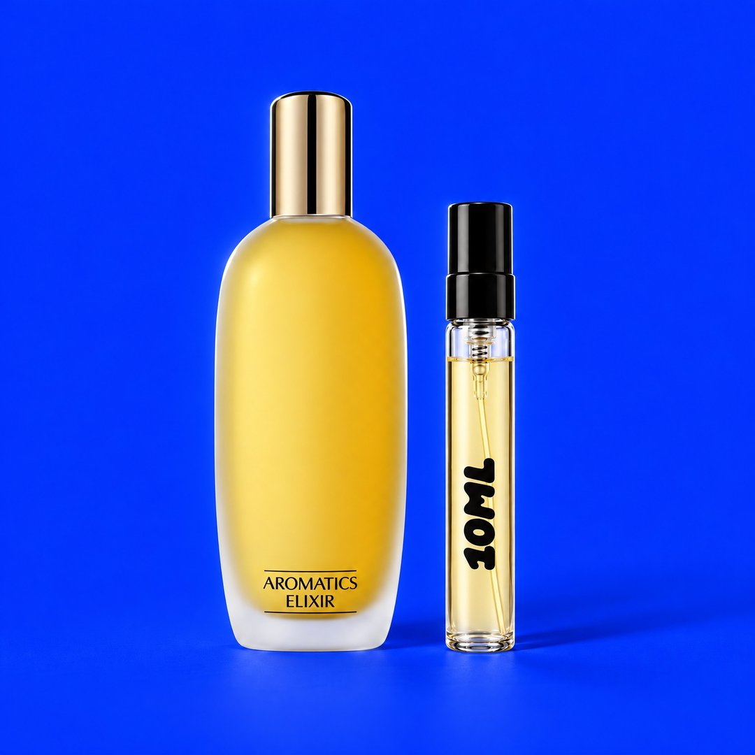 10 ml decant of Aromatics Elixir by Clinique next to the original bottle