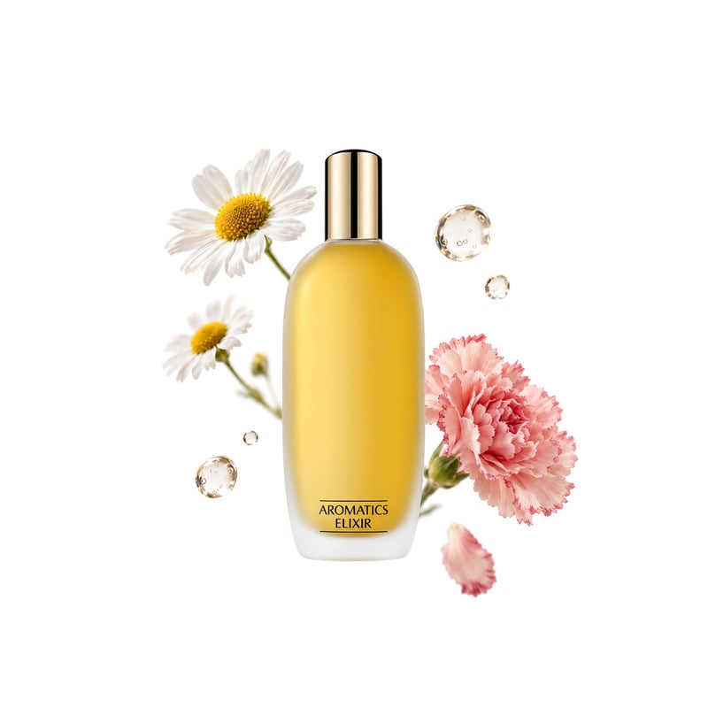 Aromatics Elixir by Clinique, bottle pictured with its key notes: Chamomile, Aldehydes and Carnation