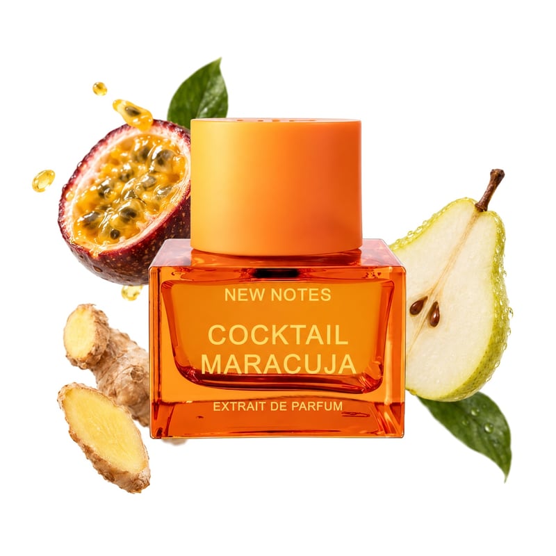 Cocktail Maracuja by New Notes, bottle pictured with its key notes: Passionfruit, Pear and Ginger