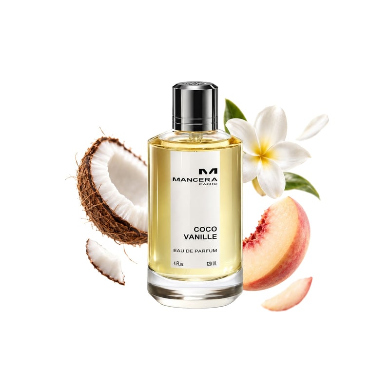 Coco Vanille by Mancera, bottle pictured with its key notes: Coconut, White Peach and Tiare Flower