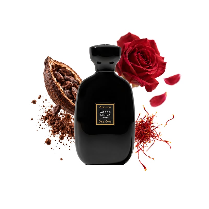 Cocoa Kimiya by Atelier des Ors, bottle pictured with its key notes: Cocoa, Saffron and Rose