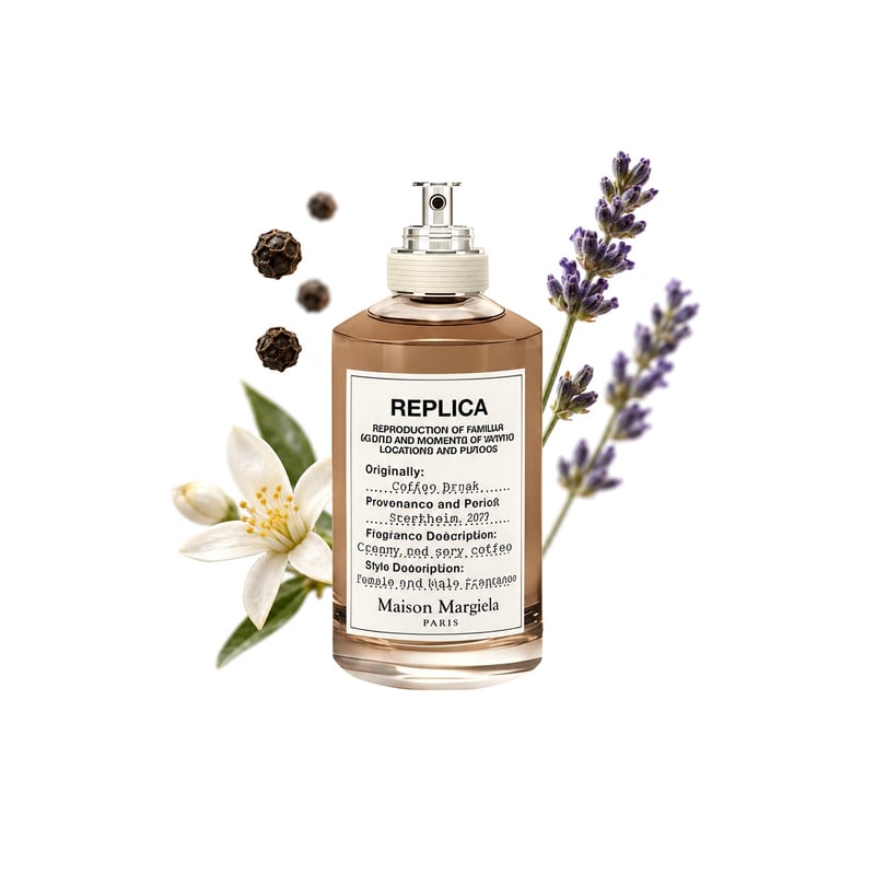 Coffee Break by Maison Margiela, bottle pictured with its key notes: Black Pepper, Orange Blossom and Lavender