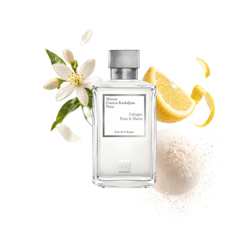 Cologne Pour le Matin by Maison Francis Kurkdjian, bottle pictured with its key notes: Orange Blossom, Lemon and Powdery Notes