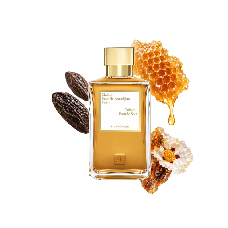 Cologne Pour le Soir by Maison Francis Kurkdjian, bottle pictured with its key notes: Tonka Bean, Labdanum and Honey