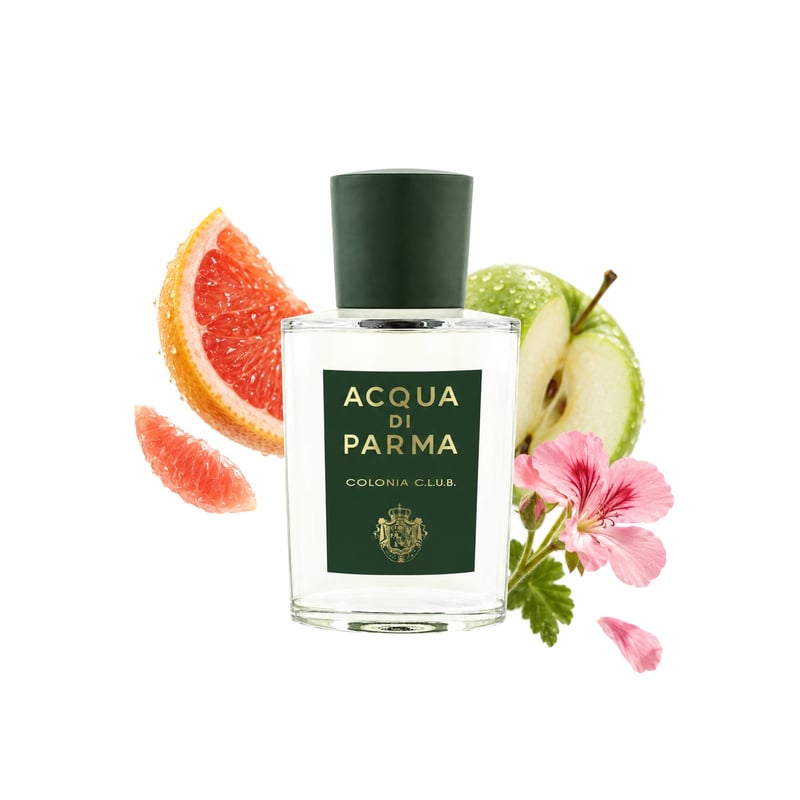 Acqua di Parma Colonia C.L.U.B., az üveg és fő illatjegyei: Grapefruit, Alma és Muskátli