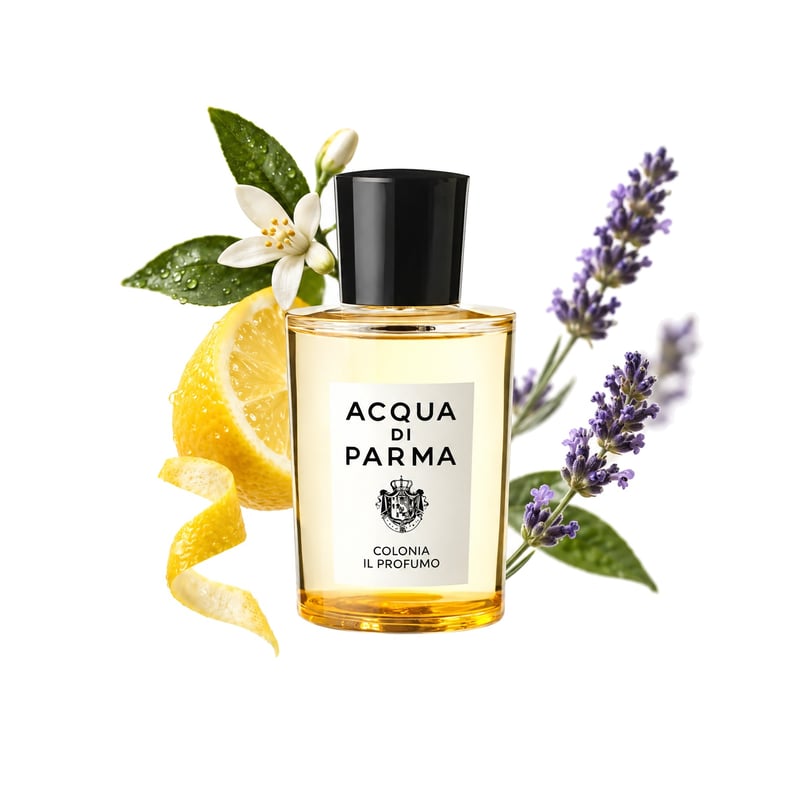 Colonia Il Profumo by Acqua di Parma, bottle pictured with its key notes: Lemon, Petitgrain and Lavender