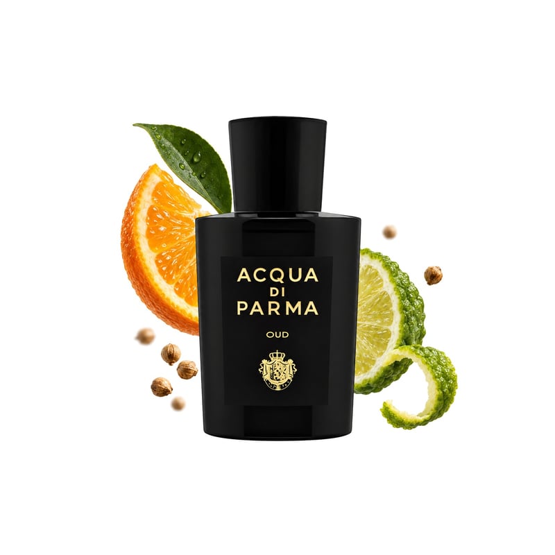 Colonia Oud by Acqua di Parma, bottle pictured with its key notes: Orange, Bergamot and Coriander