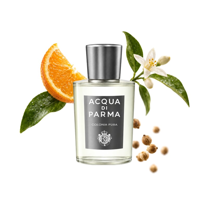 Acqua di Parma Colonia Pura, flakon a jeho klíčové tóny: Pomeranč, Petitgrain a Koriandr