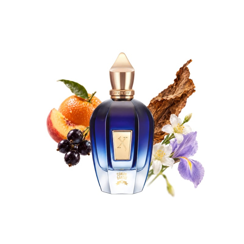 Comandante by Xerjoff, bottle pictured with its key notes: Fruity Notes, Tobacco and Floral Notes