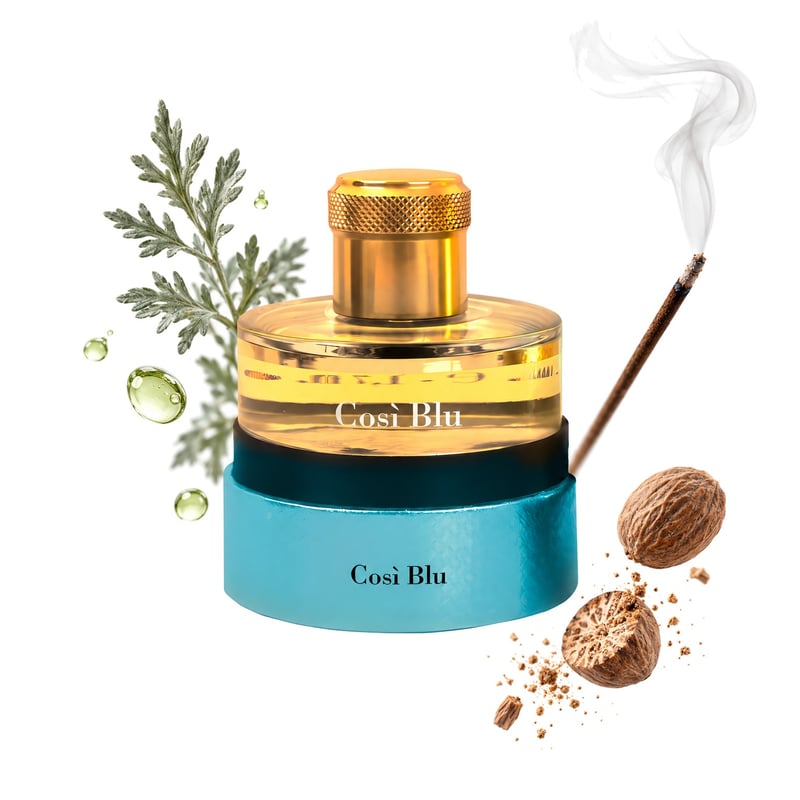 Così Blu by Pantheon Roma, bottle pictured with its key notes: Absinthe, Nutmeg and Incense