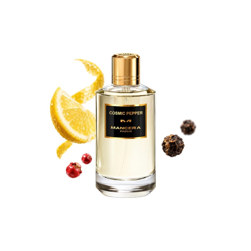 Cosmic Pepper by Mancera, bottle pictured with its key notes: Lemon, Pink Pepper and Black Pepper
