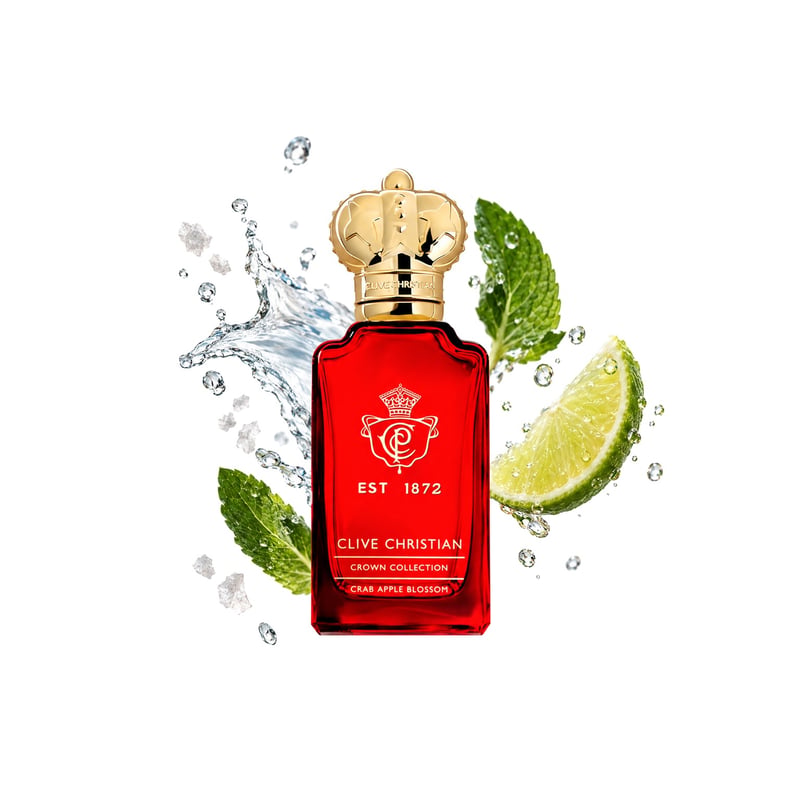 Crab Apple Blossom by Clive Christian, bottle pictured with its key notes: Sea Notes, Bergamot and Mojito