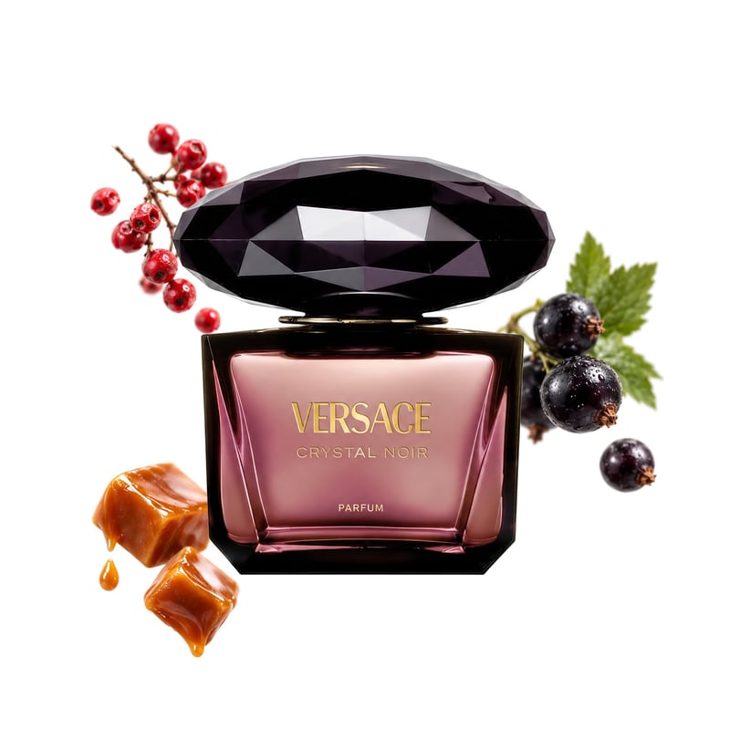 Versace Crystal Noir Parfum, az üveg és fő illatjegyei: Rózsaszín bors, Feketeribizli és Karamell