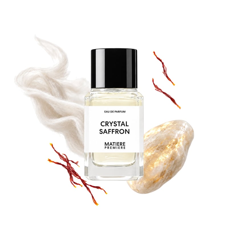 Crystal Saffron by Matiere Premiere, bottle pictured with its key notes: Musk, Saffron and Ambroxan