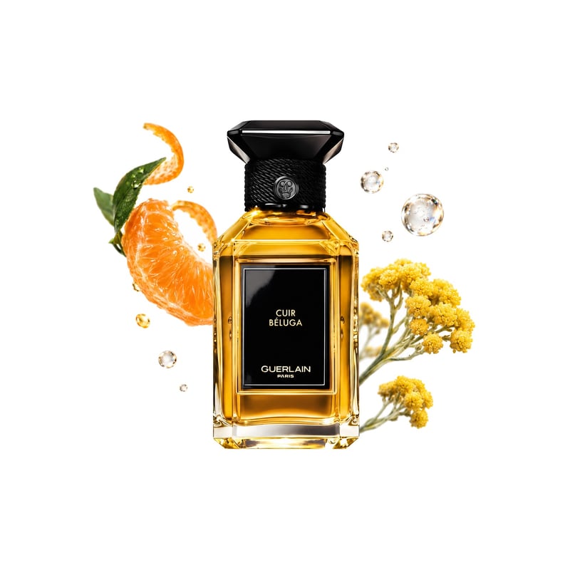 Cuir Béluga de Guerlain, frasco con sus notas principales: Mandarina, Aldehídos y Siempreviva