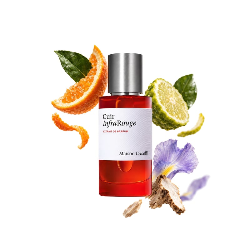 Cuir Infrarouge by Maison Crivelli, bottle pictured with its key notes: Bitter Orange, Bergamot and Orris