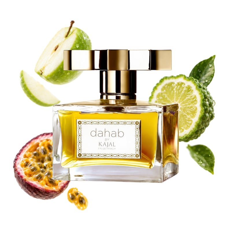 Dahab by Kajal, bottle pictured with its key notes: Granny Smith Apple, Bergamot and Passionfruit