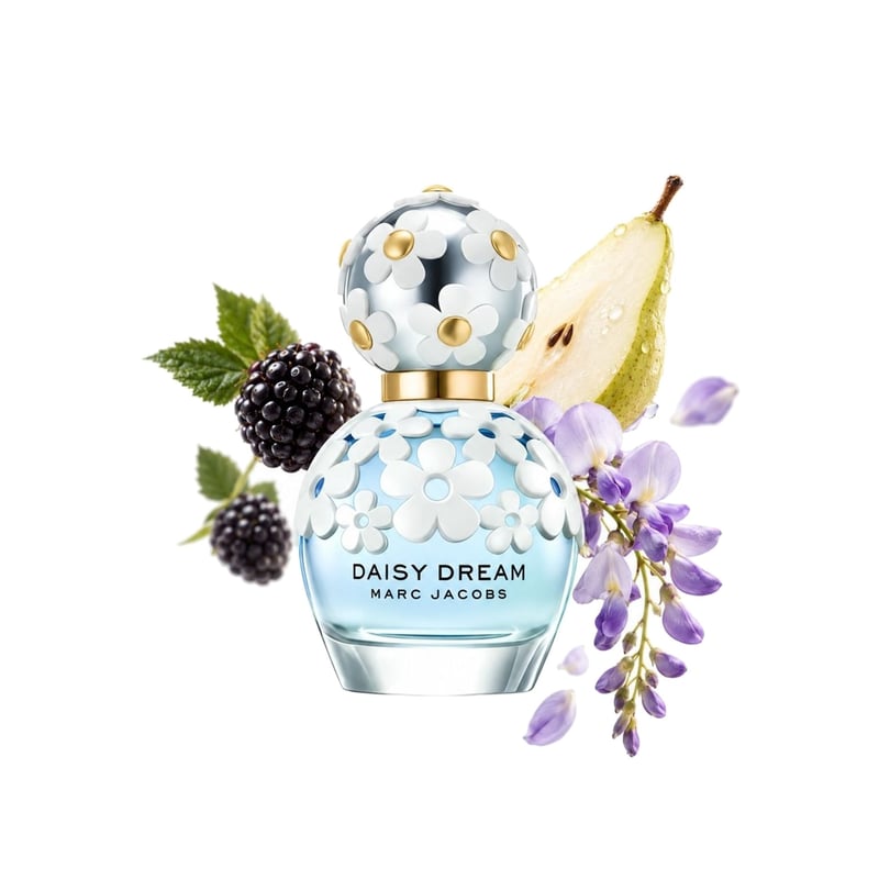 Daisy Dream by Marc Jacobs, bottle pictured with its key notes: Blackberry, Pear and Wisteria