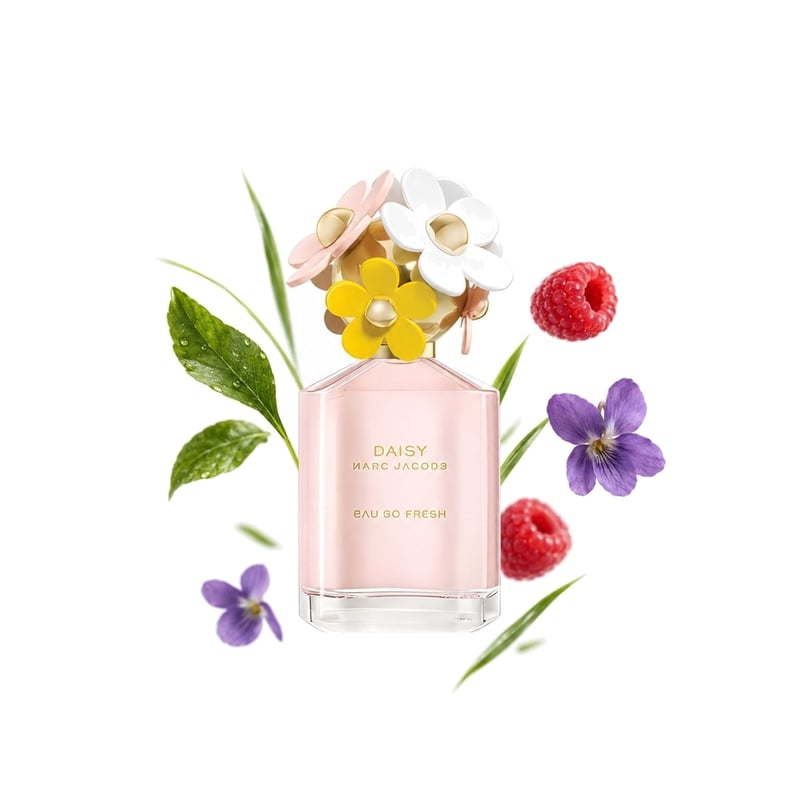 Daisy Eau So Fresh by Marc Jacobs, bottle pictured with its key notes: Green Notes, Raspberry and Violet