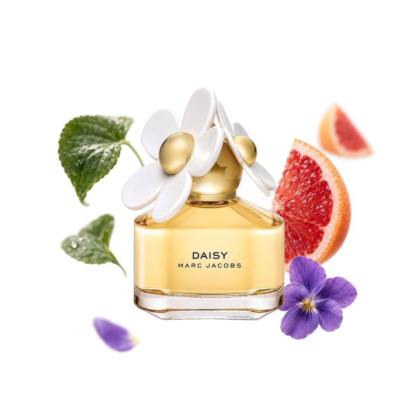 Daisy του οίκου Marc Jacobs, φιάλη με τις κύριες νότες της: Φύλλο βιολέτας, Κόκκινο γκρέιπφρουτ και Βιολέτα